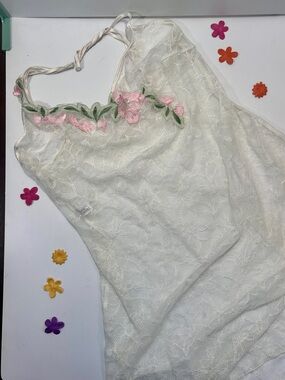 Lise Charmel Delicate Ivory Lace Chemise with Pink Floral Trim Medium
